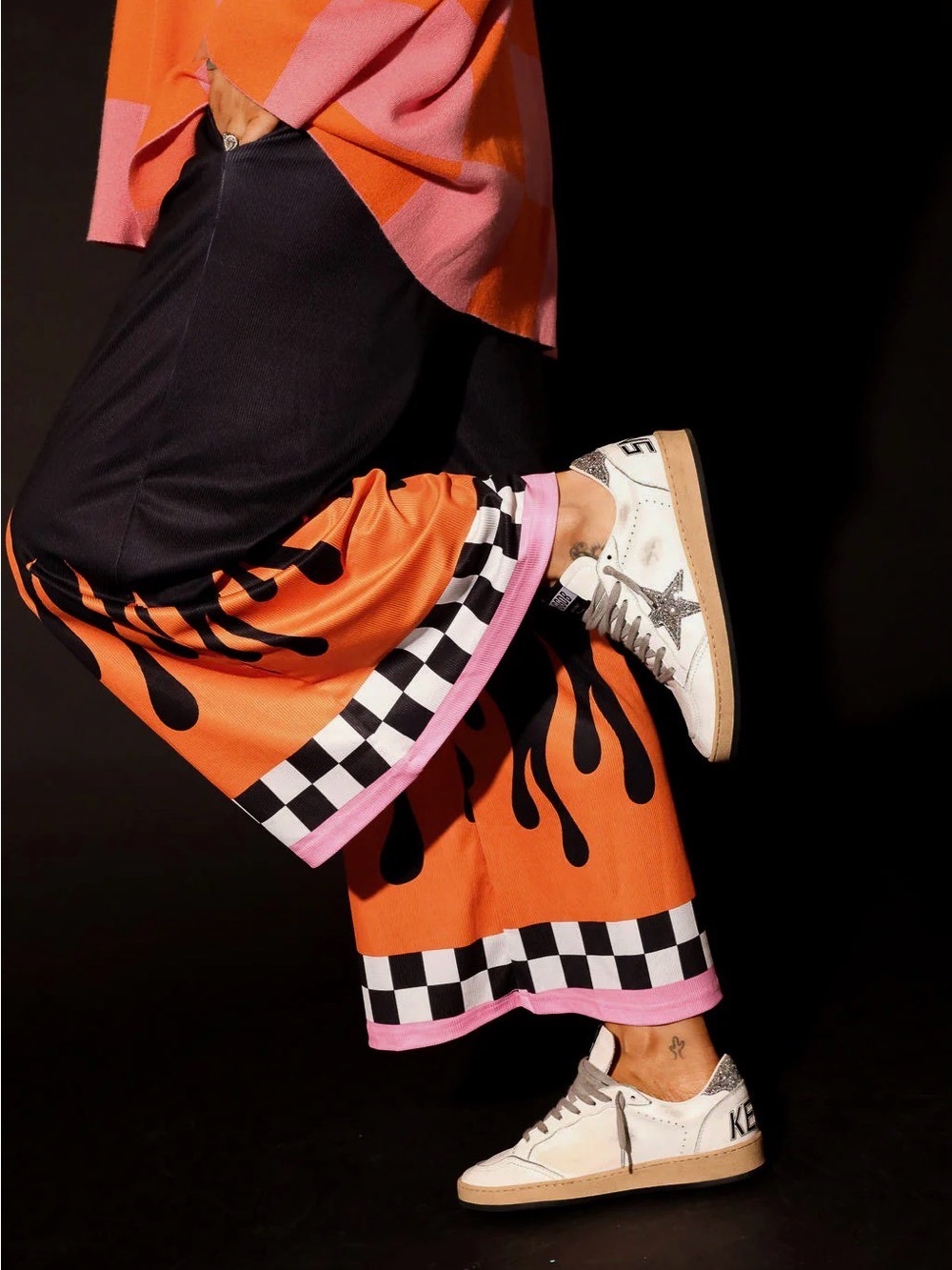 Burnt Toast Black Drawstring Pants with Orange Flame & Pink Check Trim 2/3X